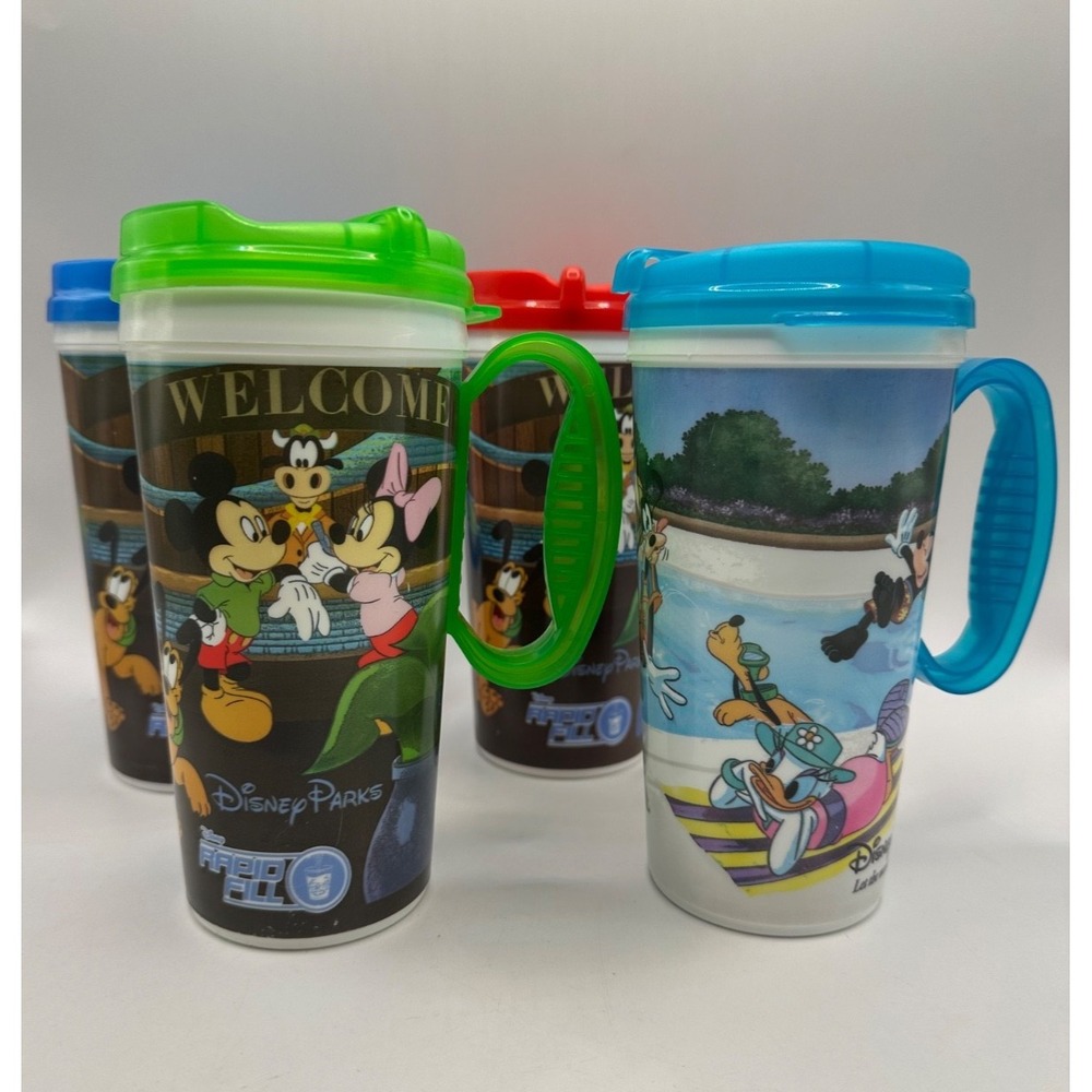 Lot of 4 Disney Parks Rapid Refill‎ MugssCups w/Lids Luggage Cart Swimming Pool